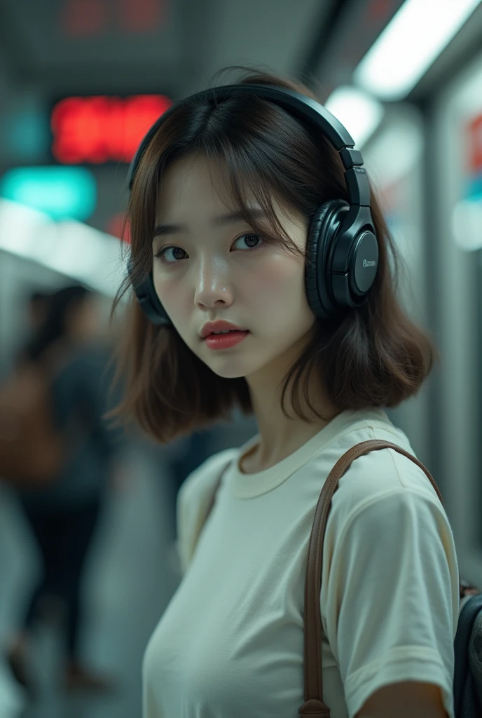 ((Ultra-realistic photos, ultra-high quality, 8k)),
Low Angle,Portrait,Girl,Actor,Korean,Shoulder Length Hair,Proud,Charming,Sad Eyes,Ri,Beautiful Lips,Simple T-shirt,Headphones On Head,
China Pretty, Subway Station Background,Daytime People