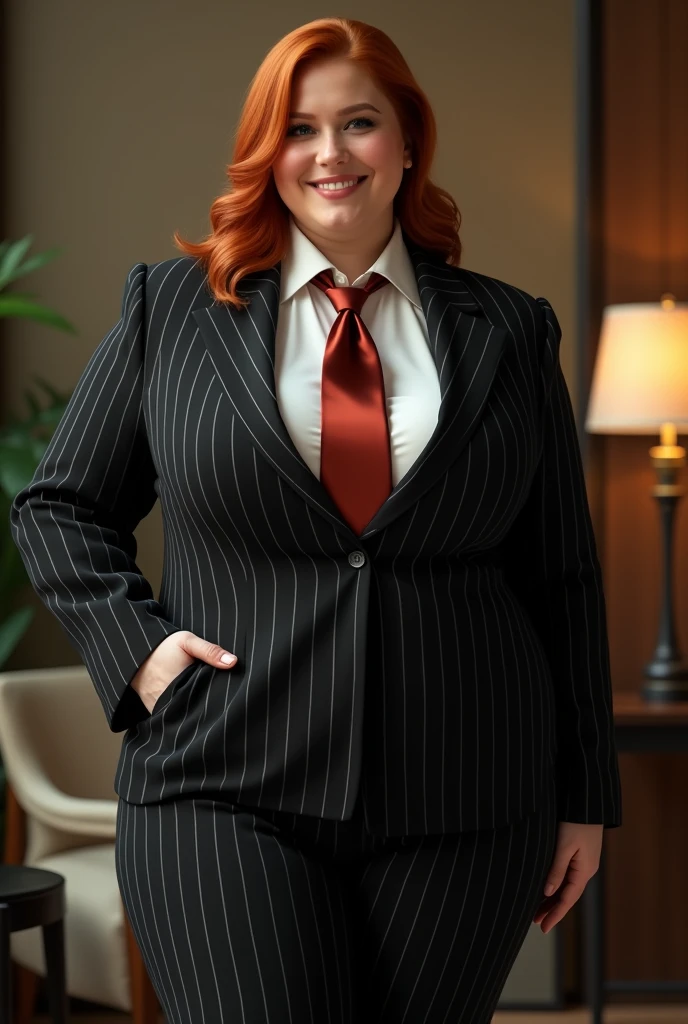 Giantess art,huge breasts, curvy figure, black pinstriped three-piece suit, crisp white form hugging tailored shirt, thick metallic red tie properly worn, Has ginger waist-length hair,Wearing a pair of platform heels, young adult woman, A look of enjoyment, Beautiful appearance, Full body depiction, Exquisite makeup,quality, Cinema lighting,film grain,8k,textured skin,Super details,high detail,high quality,high resolution, smile