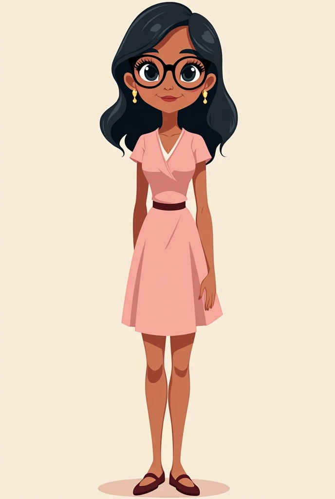 Draw a cartoon of a tall young woman with medium-long straight black hair, complexion media, black eyes with long eyelashes and round black glasses, light brown skin color, that she wears pink but is elegant and modest and expresses her gender, which is heterosexual .Whole body 