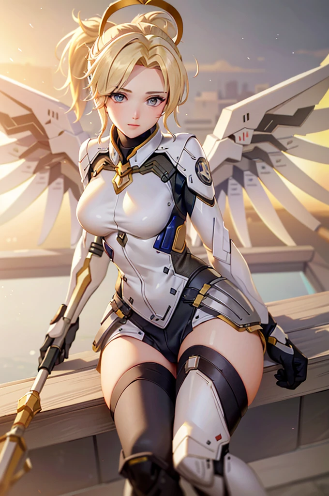 MercyOver, 1girl, mercy (overwatch), mechanical wings, mechanical halo, solo, blonde hair, wings, blue eyes, halo, staff, yellow wings, bodysuit, holding, upper body, lips, holding staff, medium breasts, spread wings, glowing wings, nose, high ponytail, ponytail, portrait, looking at the viewer,  sitting on the edge of a tall building, metropolitan city, sunset, highly detailed, detailed face, absurdres, 4k, masterpiece, best quality.