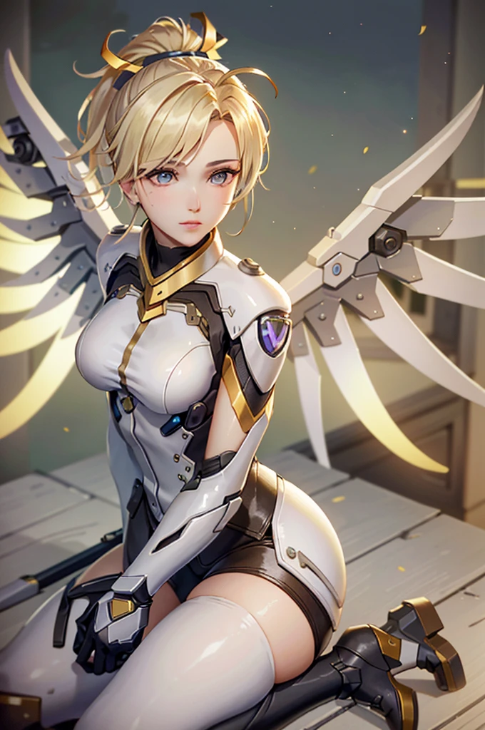 MercyOver, 1girl, mercy (overwatch), mechanical wings, mechanical halo, solo, blonde hair, wings, blue eyes, halo, staff, yellow wings, bodysuit, holding, upper body, lips, holding staff, medium breasts, spread wings, glowing wings, nose, high ponytail, ponytail, portrait, looking at the viewer,  sitting on the edge of a tall building, metropolitan city, sunset, highly detailed, detailed face, absurdres, 4k, masterpiece, best quality.