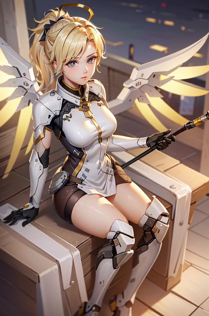 MercyOver, 1girl, mercy (overwatch), mechanical wings, mechanical halo, solo, blonde hair, wings, blue eyes, halo, staff, yellow wings, bodysuit, holding, upper body, lips, holding staff, medium breasts, spread wings, glowing wings, nose, high ponytail, ponytail, portrait, looking at the viewer,  sitting on the edge of a tall building, metropolitan city, sunset, highly detailed, detailed face, absurdres, 4k, masterpiece, best quality.