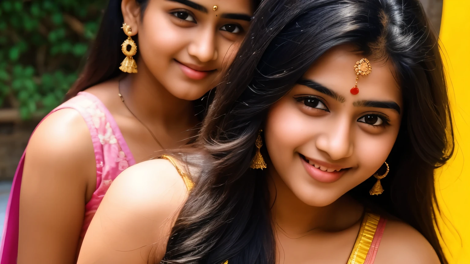 beautiful cute young attractive indian age girl, village girl, 1, cute, Instagram model, long black_hair, colorful hair, indian, huge big breasts with bra, little smiling, smooth face very realistic