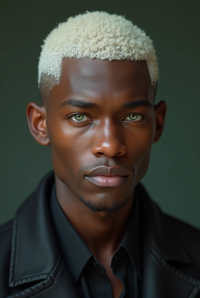 man with dark skin like coffee with milk, shaved white hair, green eyes, who does not have a beard, that your skin is less black and you look younger as a young adult