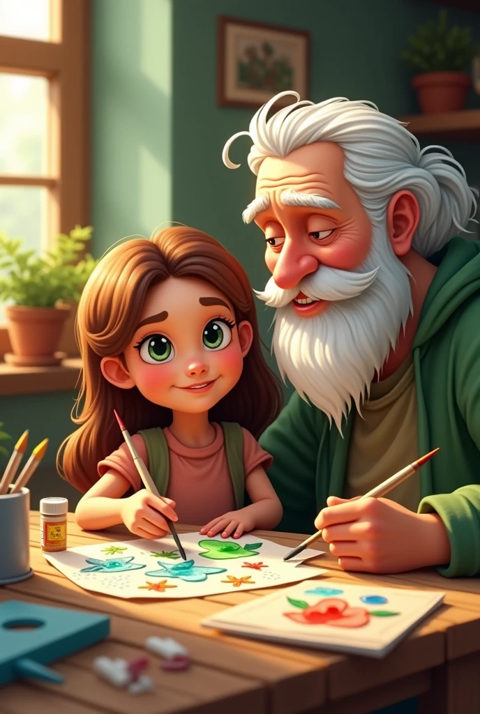 A seven-year-old girl, with chocolate hair color,
a grandfather with a beard and white hair, without glasses.
The two of them are making banners for the protection of the forest.. On the side are cardboard markers.