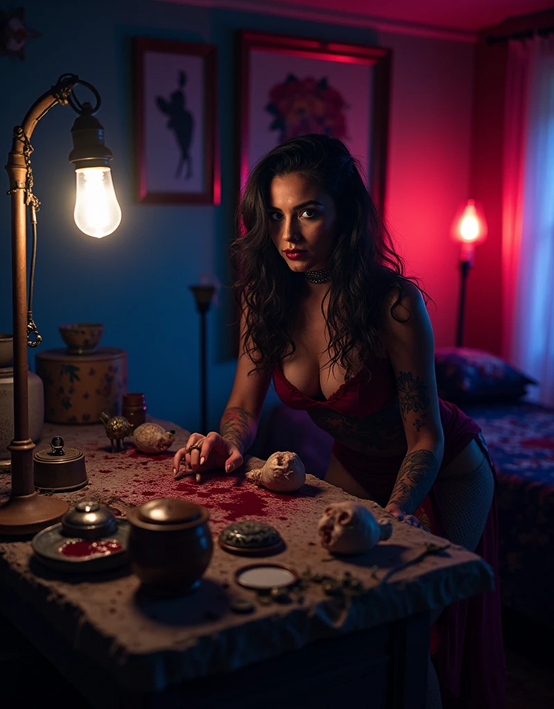 pretty hooker in Barcelona Spain, Roma gypsy woman, working in a dark cheap room, old lamp, weak light bulb, table with hand cream, baby oil, used tissues on bed, chicken blood and heads on table, black magic, satanism, charms, trinkets, lurid vivid colors, Mario Bava aesthetic, Technicolor, cinematic volumetric lighting, dark lighting, blues and purples, intricate, highly detailed, HD, 8x