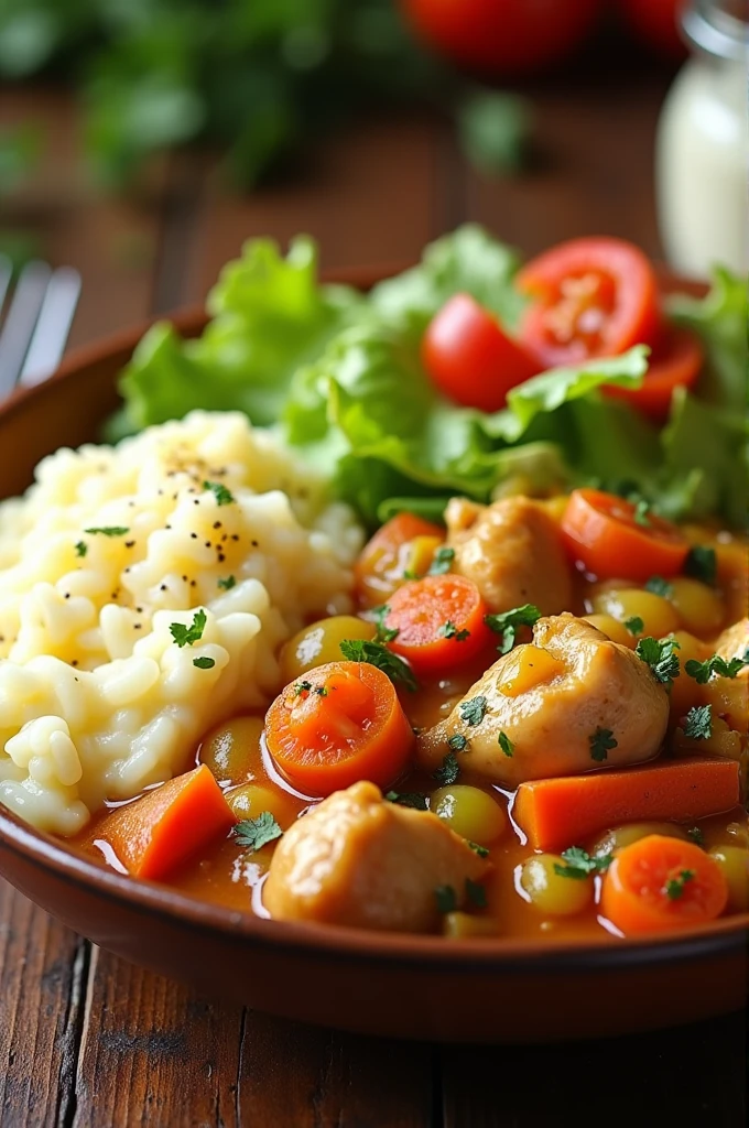 Chicken and rice stew, potatoes mayo and salad