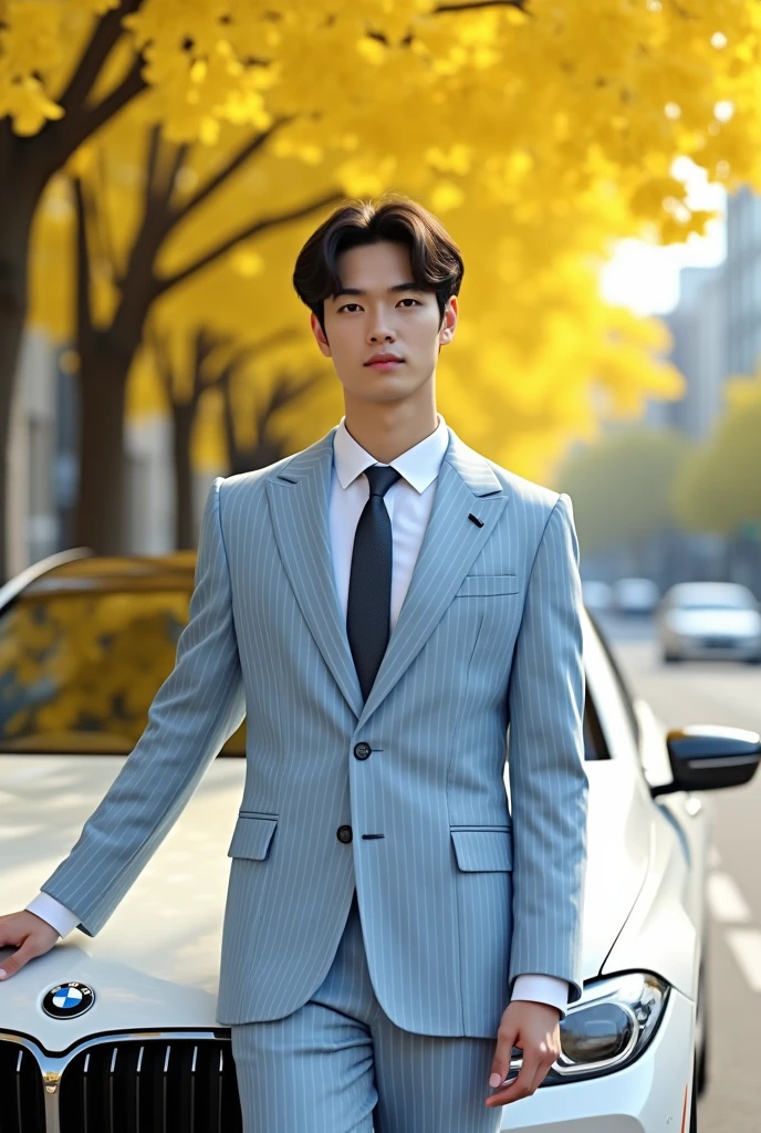 (One wearing a full light blue striped suit、White shirt、tie、Japanese man about 180cm tall)、best quality、masterpiece、Ultra-high resolution、(Photo realism:1.4)、original photo、(街道上One wearing a full light blue striped suit、White shirt、打tie的年輕英俊的日本男人、Standing under the ginkgo tree、Yellow and big ginkgo leaves、Clear details of leaves)、(There is a white BMW840I next to the man、Man's hands on car roof) shadow、Octane Rendering、8K、super sharp、real light、(There is only one white BMW on the street、man's shining eyes、looking in the direction of the camera)、super high quality、High target、gentleman、very beautiful hair、Bright photos、The man is as handsome as a model and as handsome as an idol,Professional profile photo, Professional portraits、Realistic portraits, Detailed color portrait, Idol portrait, high quality photos.