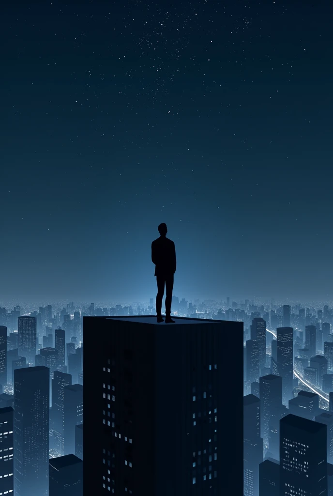 A vector with black casual uniform stands on high business center in a megapolis, staring at stars on the sky