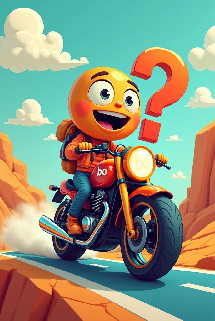 Cartoon Question Mark(?) , driving a motorbike, on the motorbike with the letters BO