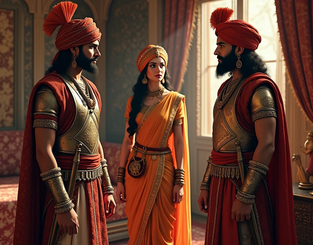 Two rajput warrior and a female rajput warrior standing in our room talking together