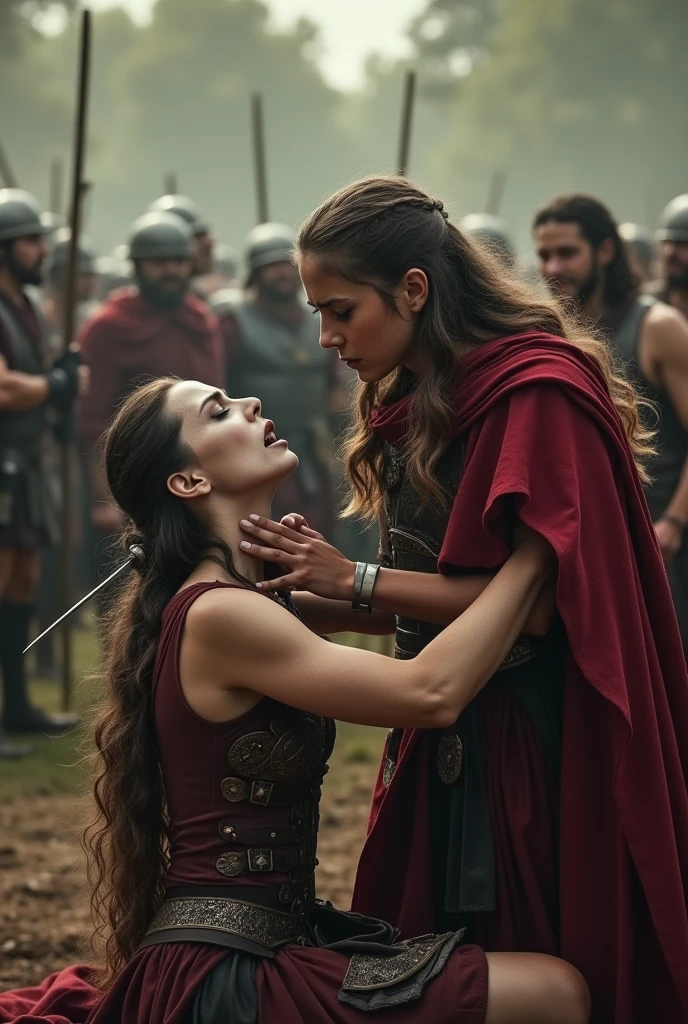 Realism, super quality, action photography style, a defeated woman kneels, her son (12 years) holds the tip of a sword to a woman's throat, knife stab in the throat, Her head is thrown back strongly.., the woman has a large manly Adam's apple, (woman - 30 year old warrior, sore throat, gothic makeup, pale skin, long hair) (son is ) The Roman Empire is fighting