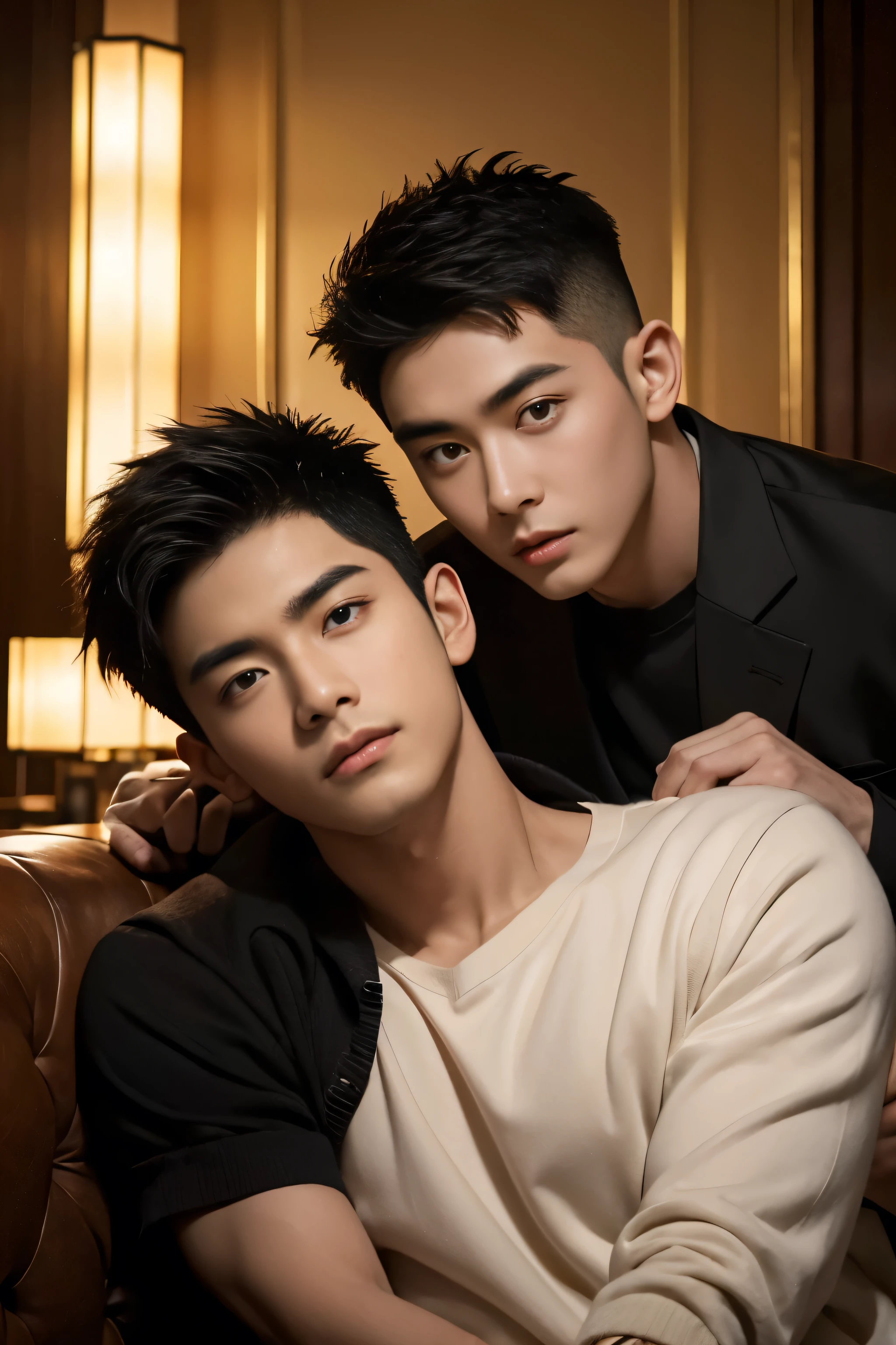 ((Masterpiece)),((best quality)),8ก,Highly detailed,Very detailed, Neutral expression, Stylish pose, Real skin texture, movie light,
Asian gay couple, black hair, black eyes 