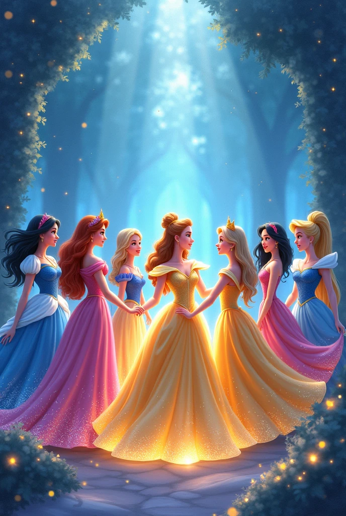 A sparkling light blue environment. All Disney Princesses are gathered