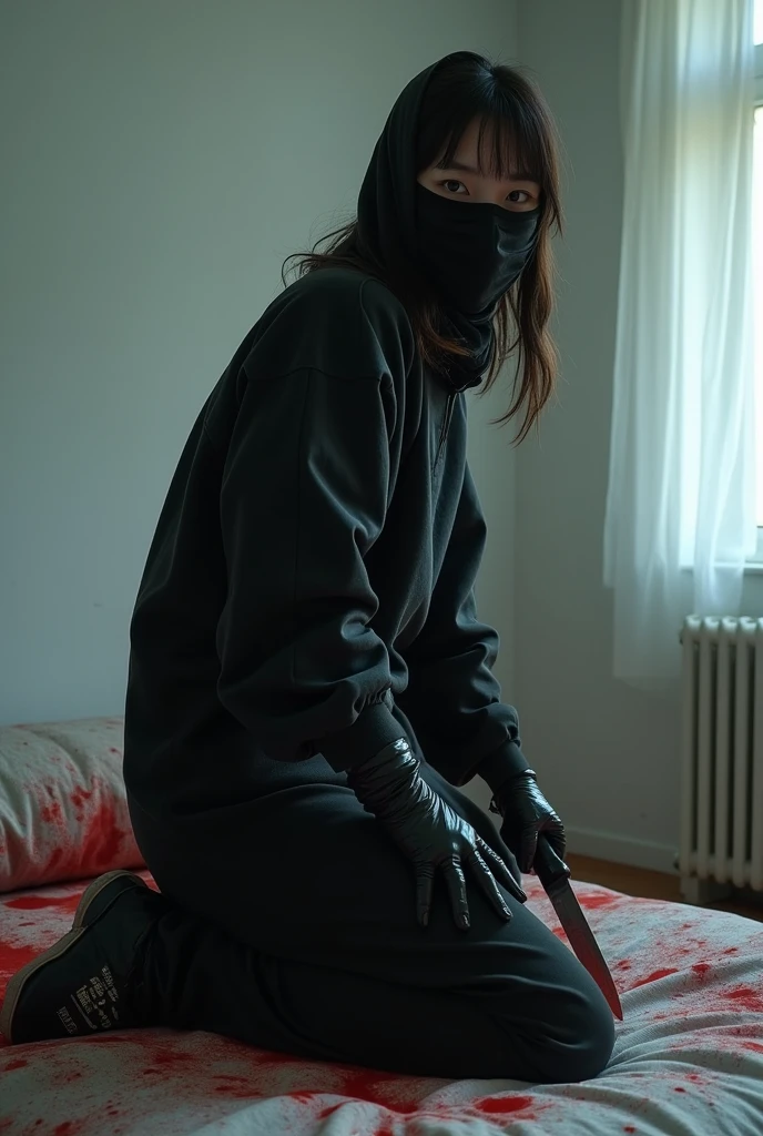 korean girl, (behind corpse, surgical mask), holding knife, stabbing, black leather gloves, room full of blood, woman on top, black trench coat, hood up, holding knife, black gloves, behind corpse, blood splatter, black wet suit, very long hair, night, mass murderer, robbery, underground,
