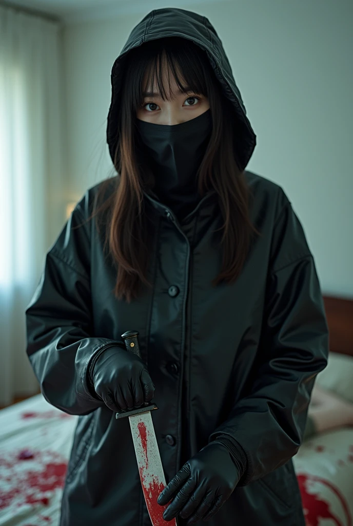 korean girl, (behind corpse, surgical mask), blood splatter, holding knife, stabbing, black gloves, room full of blood, transparent raincoat, hood up, holding knife, black gloves, behind corpse, short hair, night, mass murderer, robbery, in the hotel, light from the window
