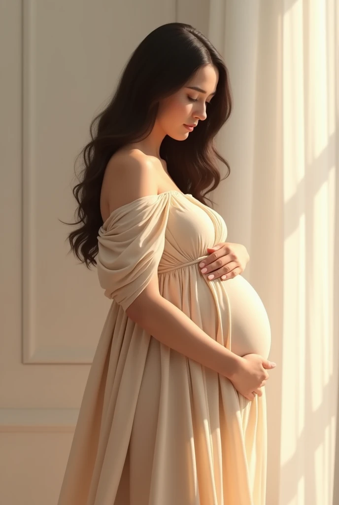 Pregnant woman in beige dress 


