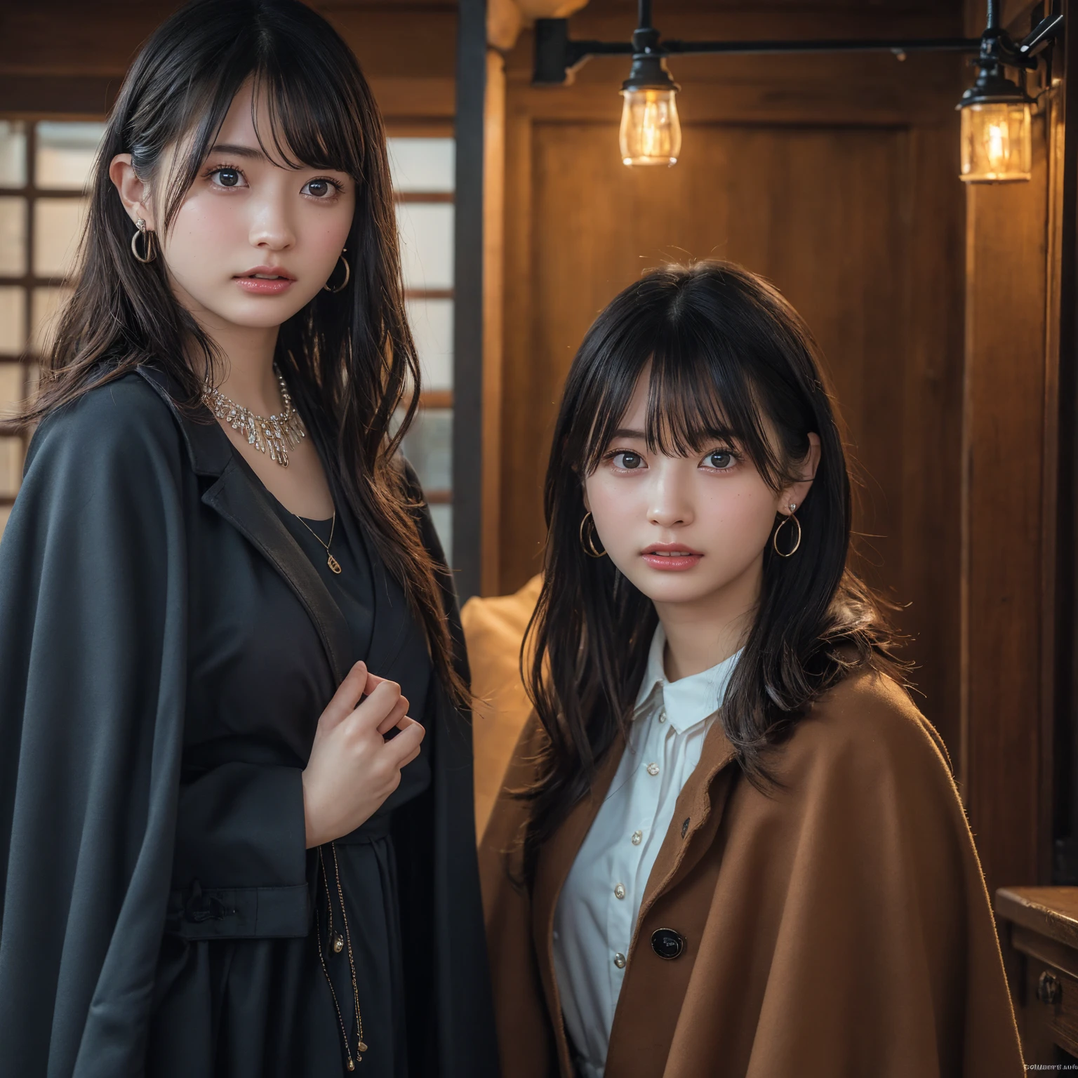 (Highest quality:1.4)，(masterpiece:1.4)，(Realistic:1.4)，(Realistic:1.2)，(超High resolution， RAW Photos:1.4)，(High resolution， Very detailed:1.2)，(8k:1.2)，View your audience，Cinematography，One person，skeletally correct，Black-haired woman，Woman in her early 20s，(Small earrings，necklace，Brown cape collar dress)，（Inside the Western-style building，Dimly lit room，The lamplight shines on my cheeks，Kneel）
