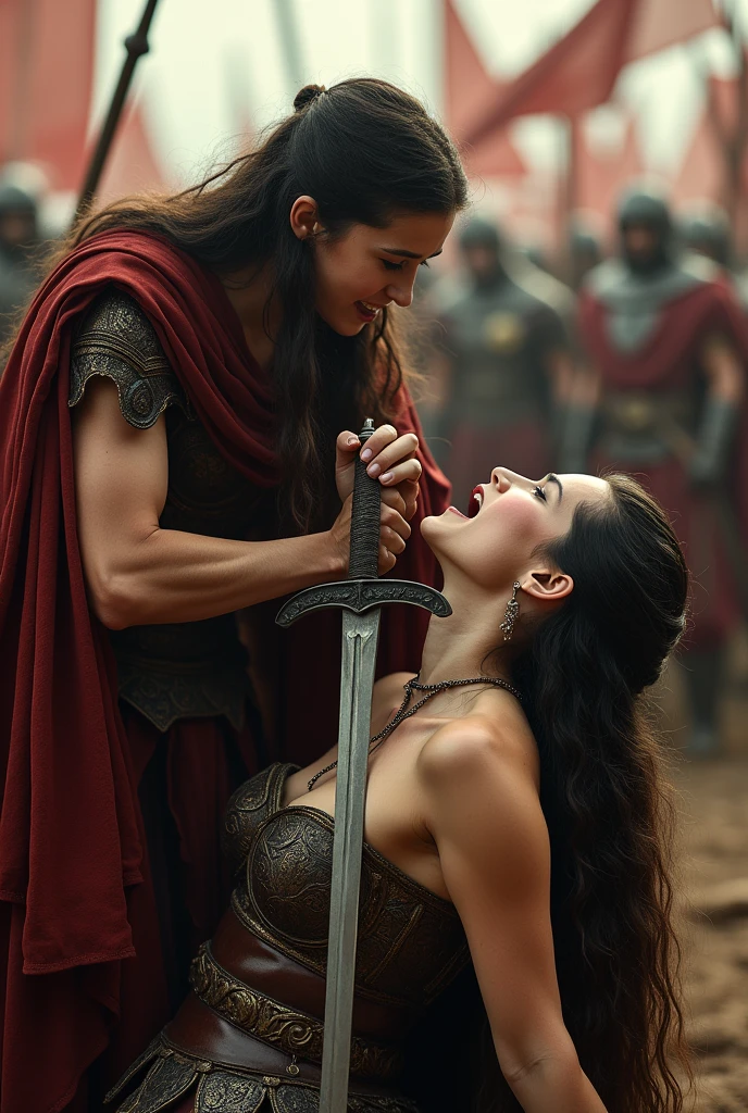 Realism, super quality, action photography style, a defeated woman kneels, her son (12 years) holds the tip of a sword to a woman&#39;s throat, knife stab in the throat, Her head is thrown back strongly.., the woman has a large manly Adam&#39;s apple, (woman - 30 year old warrior, sore throat, gothic makeup, pale skin, long hair) (son is ) The Roman Empire is fighting