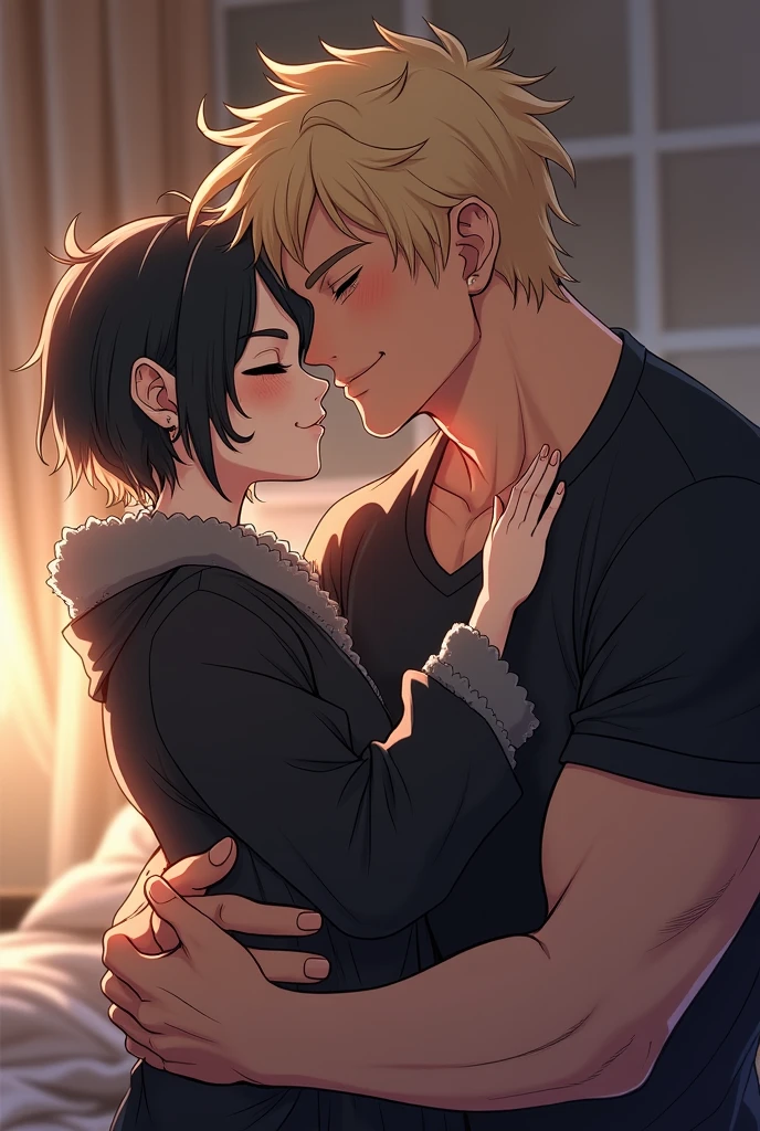 A very cute goth femboy boy with his strong blond boyfriend, they are very much in love with each other, The two spend a lot of time together and like to cuddle all the time., they are both approximately 2, the femboy boy is very much in love, Image made with anime lines