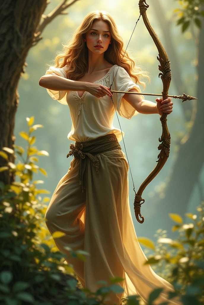 Women, light brwon hair, fae, wirh bow, trousers, from the front 