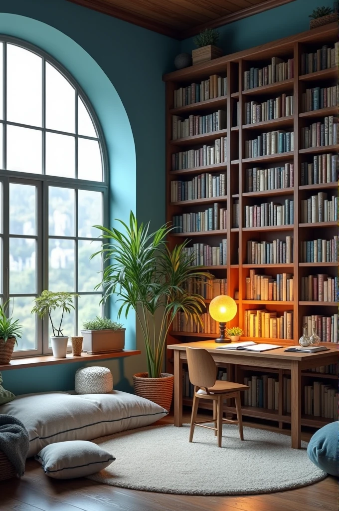 A reading room like this :
- many books in a big book shelf
- walls colour is light blue
- a study table and lamp on the table
- soft rug on the floor and some pillows
- a big window
- a small plant in the corner
- a cazy bed for sleeping