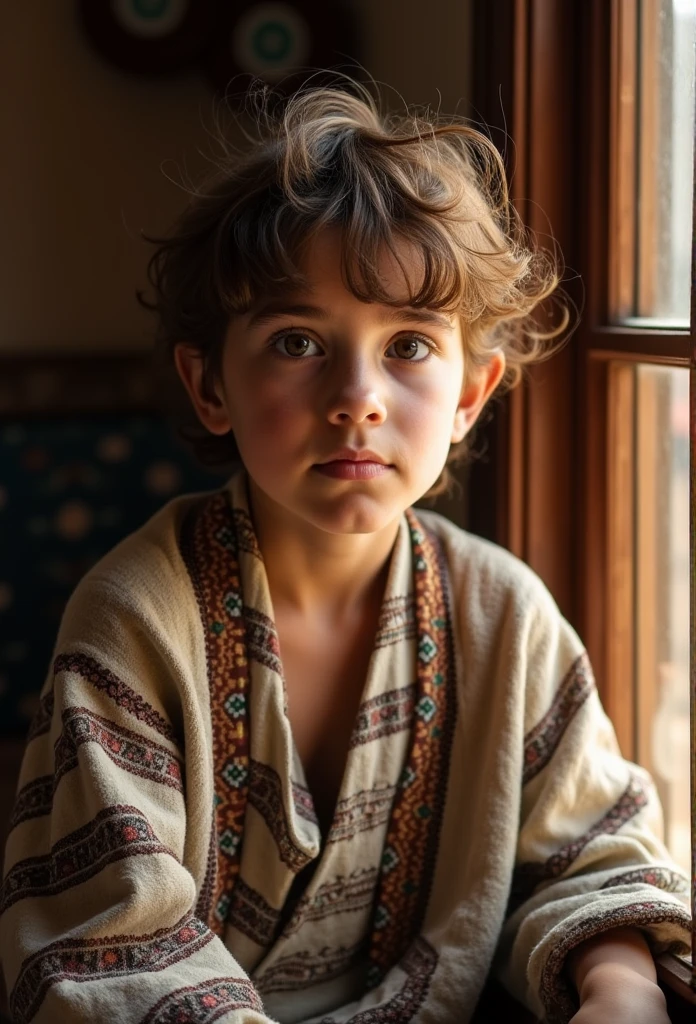 A close-up photograph of a young Rifian person with light brown eyes and brown; light skin hair, wearing traditional Amazigh attire. They are sitting by a window, with soft, warm sunlight streaming in and highlighting the intricate patterns of their clothing. The expression on their face is contemplative, capturing a sense of curiosity and inner strength. The background is softly blurred, with hints of traditional Rifian decorations, adding depth and cultural context to the scene