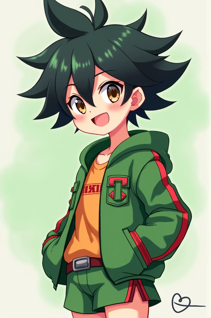 YOU COULD CREATE A CHARACTER WITH ANIME AESTHETICS THAT HAS BLACK HAIR WITH DARK GREEN SPIKED UP, A WELL-DEFINED FACE THAT TRANSMITS INNOCENCE, KINDNESS, LIGHT BROWN EYES, OUTFITS: GREEN JACKET WITH RED DETAILS AND GREEN SHORT SHORTS WITH BELT