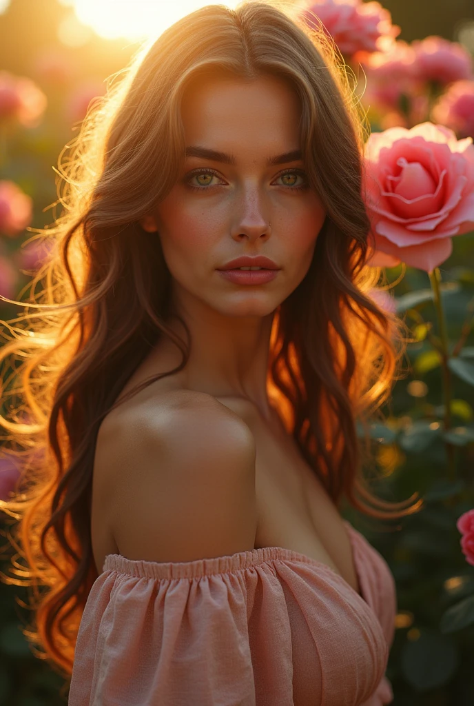 a beautiful girl in a rose garden, extremely detailed face and eyes, long flowing hair, elegant flowing dress, golden sunlight, vibrant colors, cinematic dramatic lighting, fantasy, dreamlike, intricate details, photorealistic, (best quality,8k,highres,masterpiece:1.2),ultra-detailed,(realistic,photorealistic,photo-realistic:1.37)