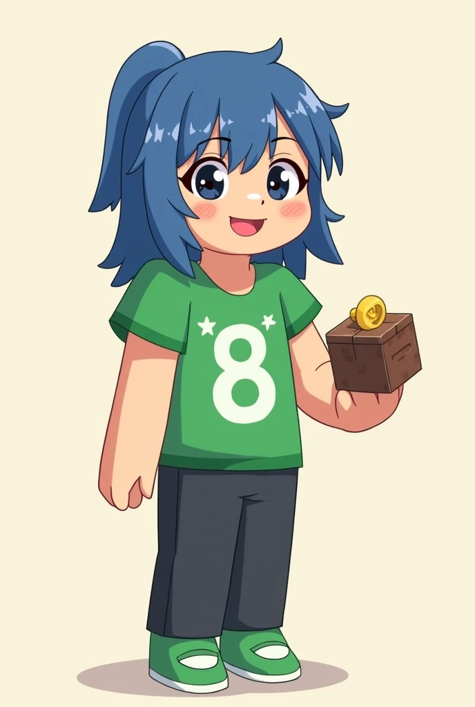 Make a cartoon image of a Minecraft character, brunette skin, hair blue, green shirt with a white eight in the middle and two white stars above the eight, black pants, green shoe, and holding a toy