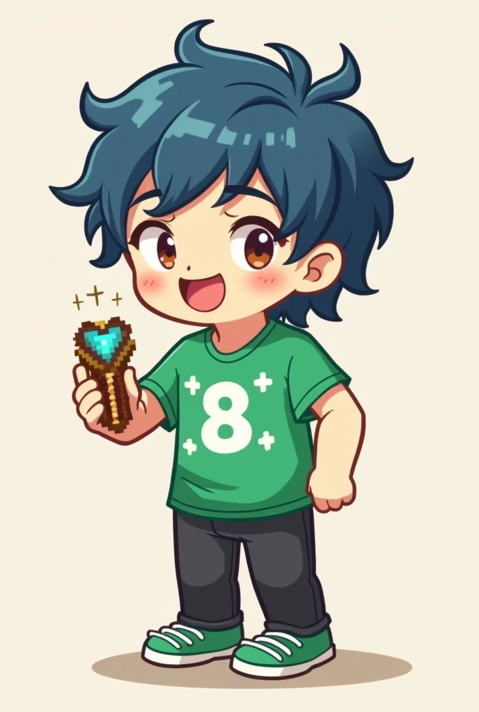 Make a cartoon image of a Minecraft character, brunette skin, hair blue, green shirt with a white eight in the middle and two white stars above the eight, black pants, green shoe, and holding a toy