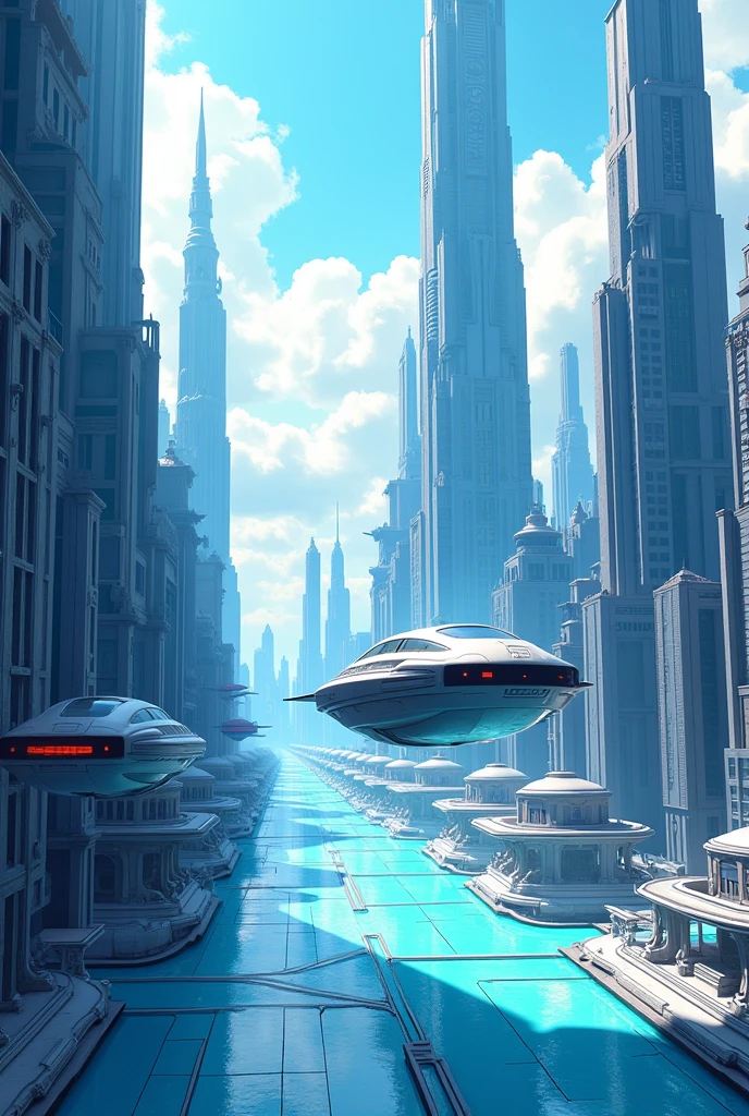 futuristic city, the streets are made of sparkling glass. The cars are flying through the air. The houses rise above the clouds. Blue tones. comic style