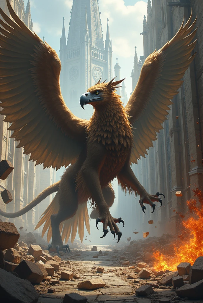 Griffon、A legendary creature with the body of a lion and the head and wings of an eagle、Destroying a sacred church, a World Heritage Site、Scattering Blocks、The block is shaking