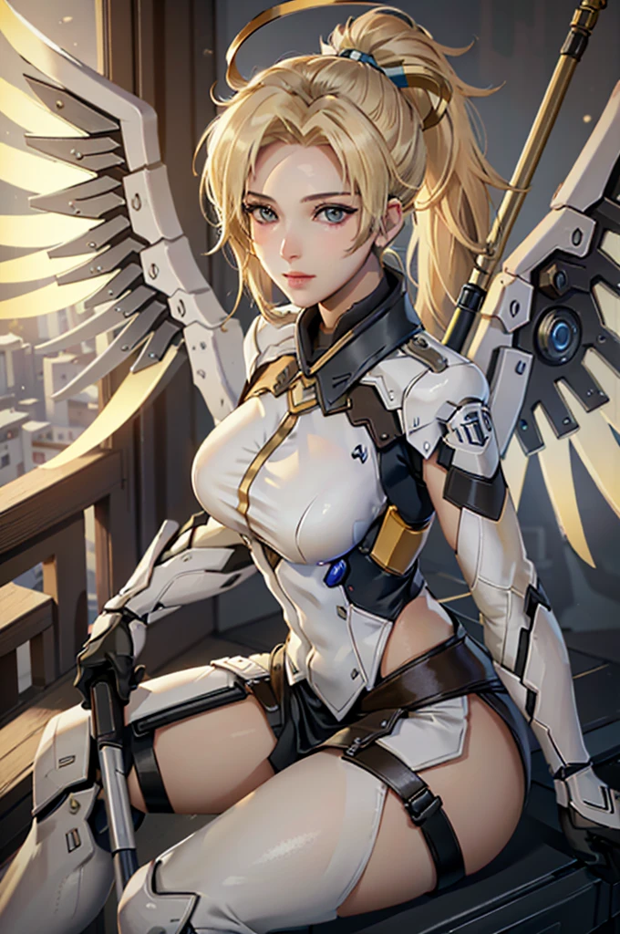 MercyOver, 1girl, mercy (overwatch), mechanical wings, mechanical halo, solo, blonde hair, wings, blue eyes, halo, staff, yellow wings, bodysuit, holding, upper body, lips, holding staff, medium breasts, spread wings, glowing wings, nose, high ponytail, ponytail, portrait, looking at the viewer, sitting on the edge of a tall building, metropolitan city, sunset, highly detailed, detailed face, absurdres, 4k, masterpiece, best quality.