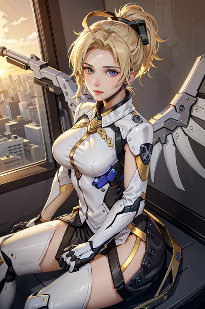 MercyOver, 1girl, mercy (overwatch), mechanical wings, mechanical halo, solo, blonde hair, wings, blue eyes, halo, staff, yellow wings, bodysuit, holding, upper body, lips, holding staff, medium breasts, spread wings, glowing wings, nose, high ponytail, ponytail, portrait, looking at the viewer, sitting on the edge of a tall building, metropolitan city, sunset, highly detailed, detailed face, absurdres, 4k, masterpiece, best quality.