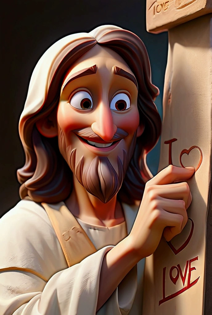Jesus Christ smiling holding a sign that says I love you 