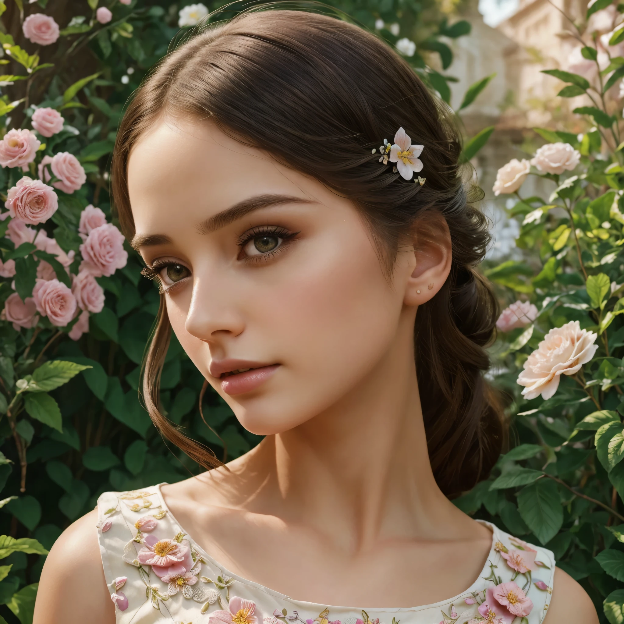 a young girl in a beautiful garden, beautiful detailed eyes, beautiful detailed lips, extremely detailed eyes and face, long eyelashes, intricate floral dress, elegant pose, natural lighting, vibrant colors, cinematic composition, fantasy landscape, photorealistic, 8k, best quality, masterpiece