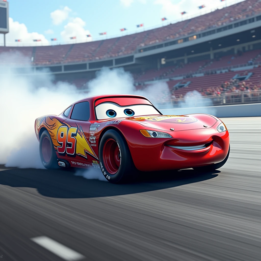 a photo taken of a drift car on the track, with the plot inspired by Lightning McQueen
