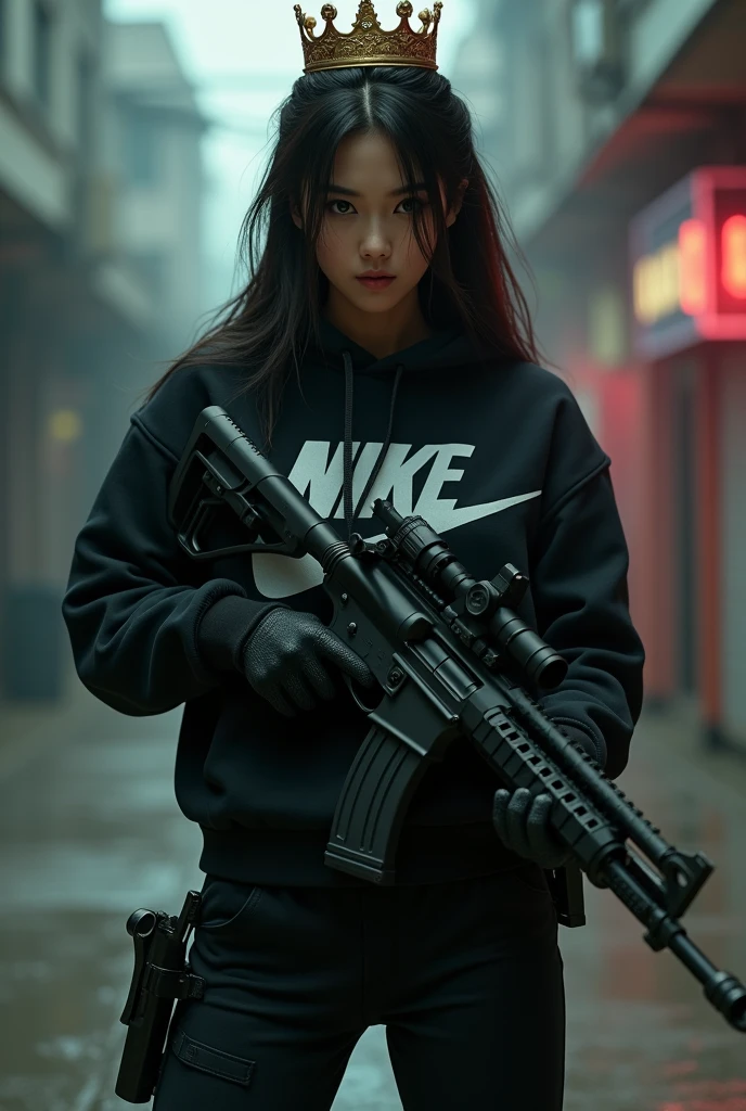 Brunette Korean killer woman with black Nike sweatshirt and light machine gun and black Nike pants and a crown