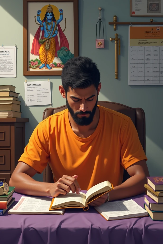 A boy white in colour with black beard faces sitting on a chair  in front of her reading table wearing a orange color t-shirt and reading a book.Her reading table is well organized with medical books.In front of his reading table there is a picture lord krishna,some important notes and a calendar hanging in the wall.There are some crest also present in hos table.Beside her table there is a well organozed bed with violet in color.