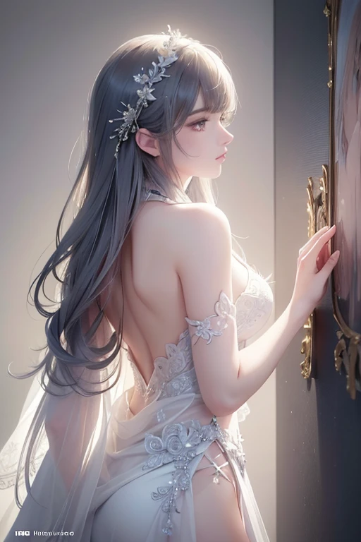 (((masterpiece))),(((best quality))),((ultra-detailed)), ((illustration)),floating, ((an extremely delicate and beautiful)),(beautiful detailed eyes),((disheveled hair)), photorealistic, realistic, 1girl, small_breasts,((neck)),(((back))),(looking back), blush,dhalter dress, sliver hair,backless dress