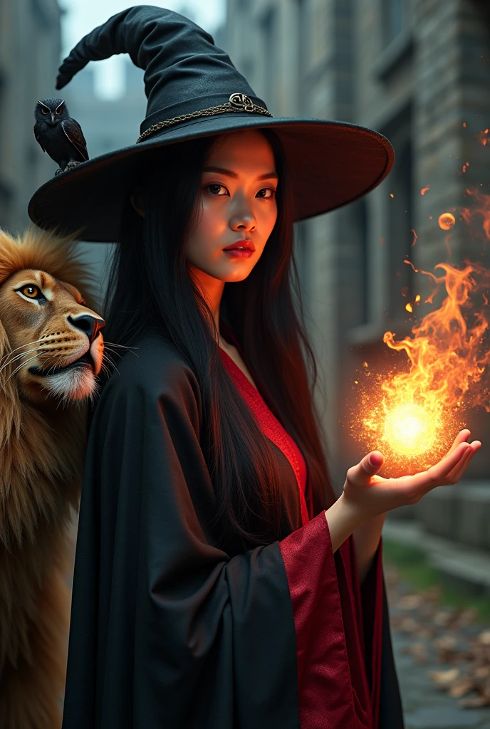 photo, asian woman, white skin, Facing straight, Half-body image size, Fluffy black hair, Long slender fingers, Black witch cloak, Red Hood, black witch hat, Sexy, There is a fireball in his hand., There were several red sparks and red smoke coming out of his hand., A black owl stands on the right shoulder., A large golden lion appeared from the left rear side., The background is an old black European style castle.