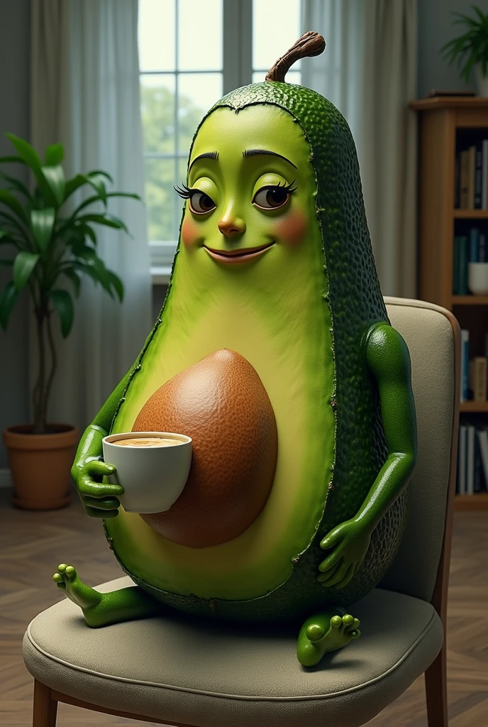 An avocado personified in human form, drinking coffee at home