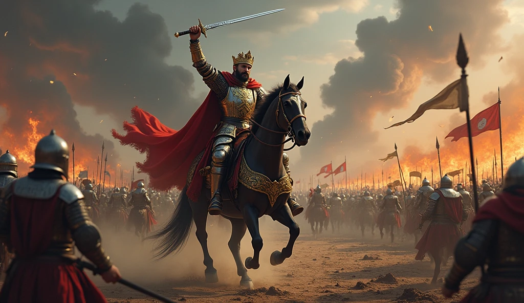 A highly detailed, ultra-realistic portrayal of King Roderick on a battlefield, mounted on a powerful warhorse, dressed in ornate, traditional Spanish royal armor. His armor should glint with gold and silver detailing, and he should be holding a sword high as if rallying his troops.
Battlefield Scene: Surrounding him, Spanish knights in similar armor are locked in fierce combat with Muslim warriors. The ground is strewn with broken weapons and banners, with dust rising from the chaotic scene.
Background: Dynamic and Intense: The background depicts a burning village in the distance, with flames and smoke billowing into the sky. The sky is filled with dramatic clouds, reflecting the orange glow of the fire, adding to the intensity of the scene.
Color Grading: Use cinematic color grading with rich, warm tones for the fire and armor, contrasted with the cool grays and blues of the battlefield and sky, to emphasize the clash between the two forces.