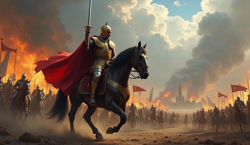 A highly detailed, ultra-realistic portrayal of King Roderick on a battlefield, mounted on a powerful warhorse, dressed in ornate, traditional Spanish royal armor. His armor should glint with gold and silver detailing, and he should be holding a sword high as if rallying his troops.
Battlefield Scene: Surrounding him, Spanish knights in similar armor are locked in fierce combat with Muslim warriors. The ground is strewn with broken weapons and banners, with dust rising from the chaotic scene.
Background: Dynamic and Intense: The background depicts a burning village in the distance, with flames and smoke billowing into the sky. The sky is filled with dramatic clouds, reflecting the orange glow of the fire, adding to the intensity of the scene.
Color Grading: Use cinematic color grading with rich, warm tones for the fire and armor, contrasted with the cool grays and blues of the battlefield and sky, to emphasize the clash between the two forces.