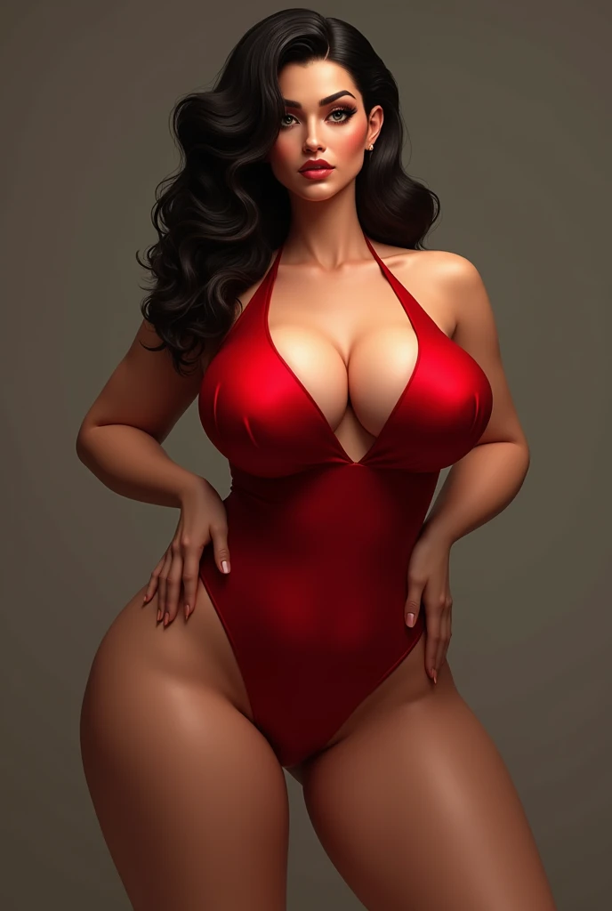 A sensual woman with giant breasts out of her swimsuit legs and hips in a red swimsuit. To conclude.