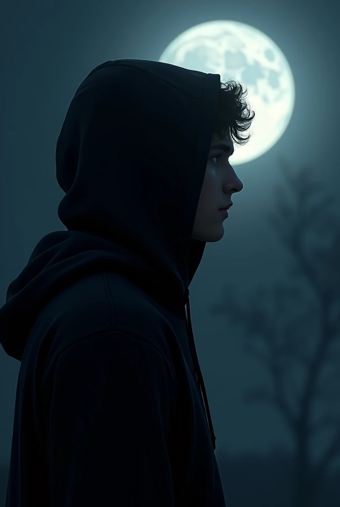 The midnight the black hoodie boy see moonlight face left side