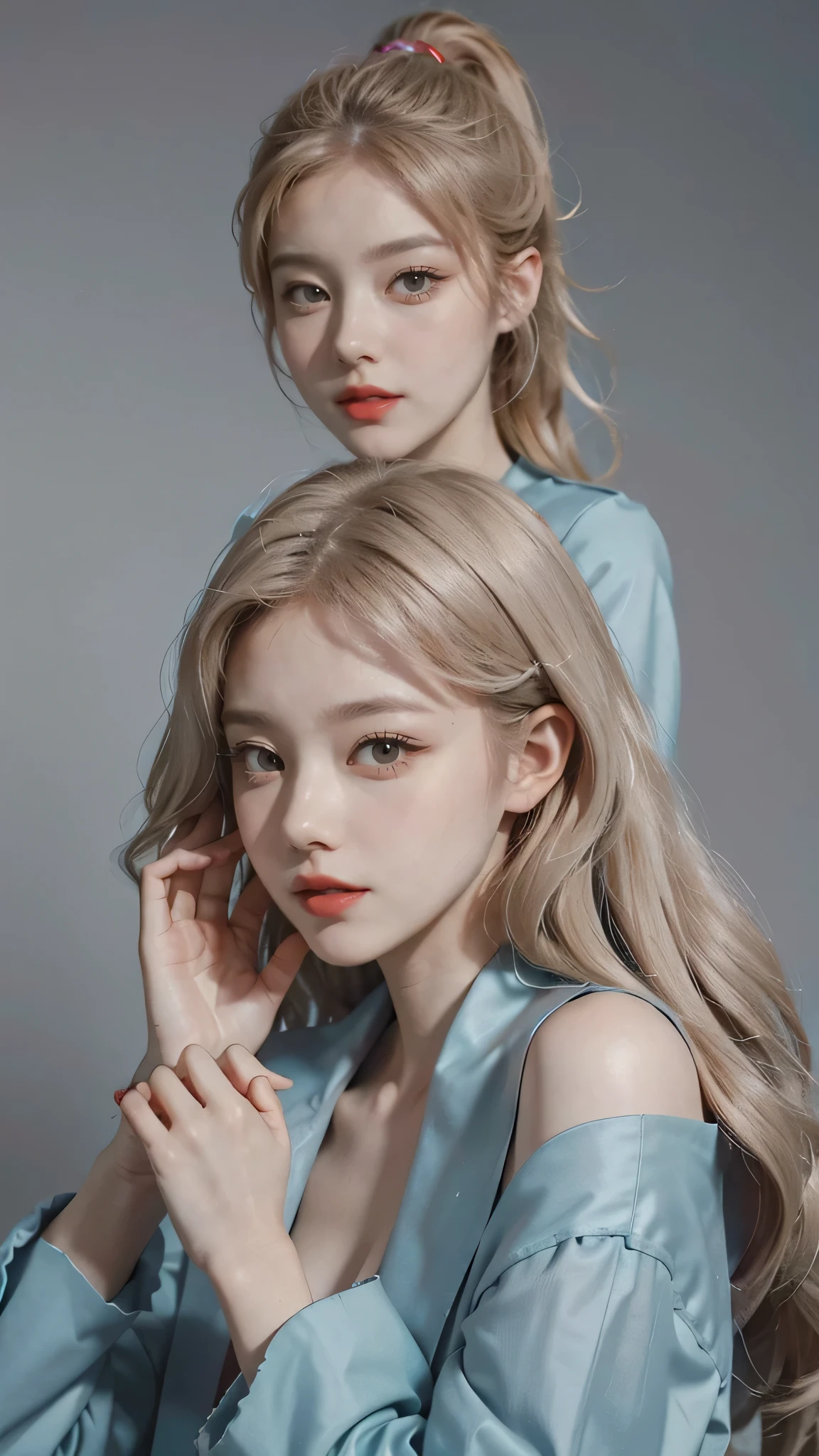 Girl wearing, luxury cyan coat, shoulder length hair, wavy hair, glowing skin, star in eye, red lips, grey background, cute poses , upper body, light blonde hair.