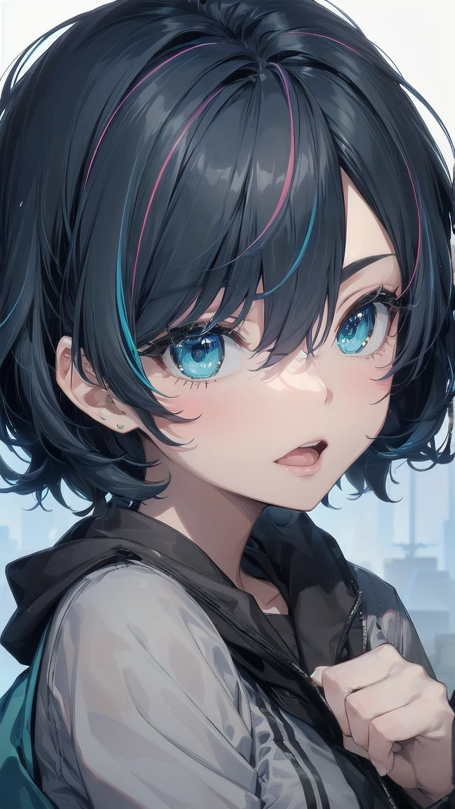 Close-up of a manga girl with blue hair and a yellow shirt, 2D Animation, 2D Animation style, 2D Art, 2D Art, 2D from Gorillaz, 2D from Gorillaz, 2D Gorillaz, Screaming Cerket, 2D Sprite, Jinx Face, short hair, Small breasts, hot pants, ((Black Hair, Inner bright blue hair:1.4))