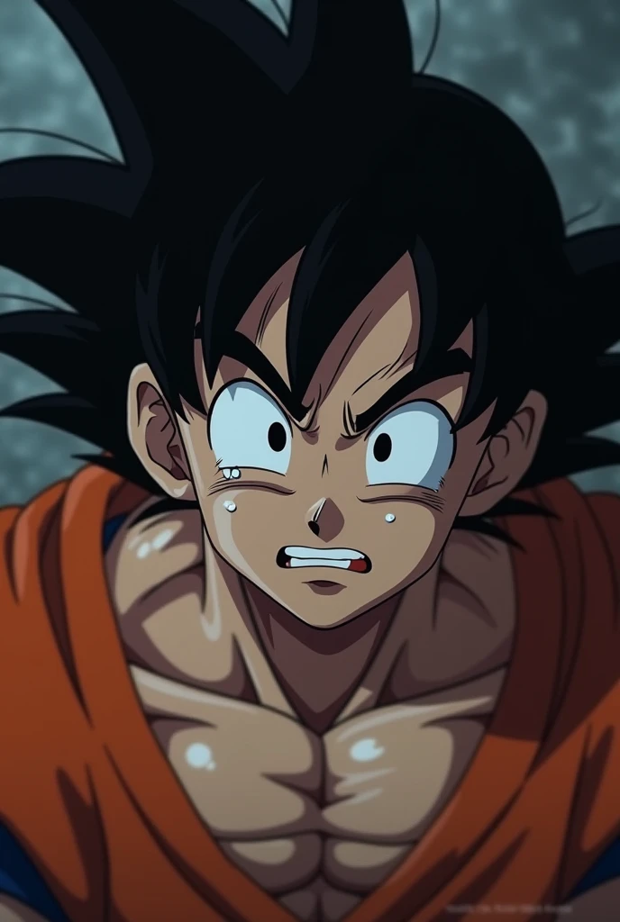 Ultra realistic photo of depressed san goku crying
